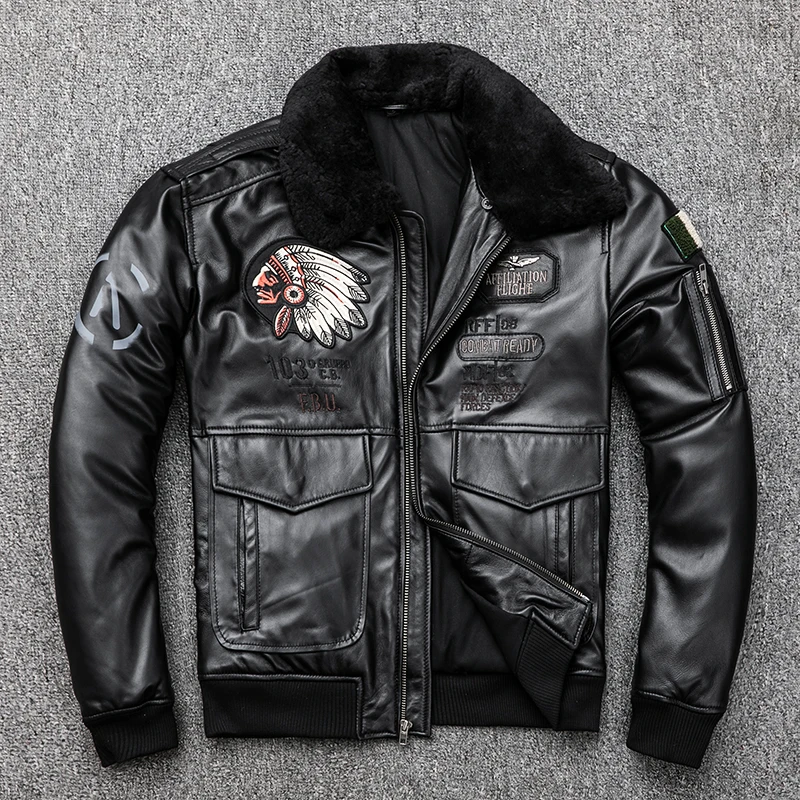 

2020 Men Black Pilot Jacket Wool Collar Genuine Thick Sheepskin Slim Winter Russian Leather Aviator Coat FREE SHIPPING
