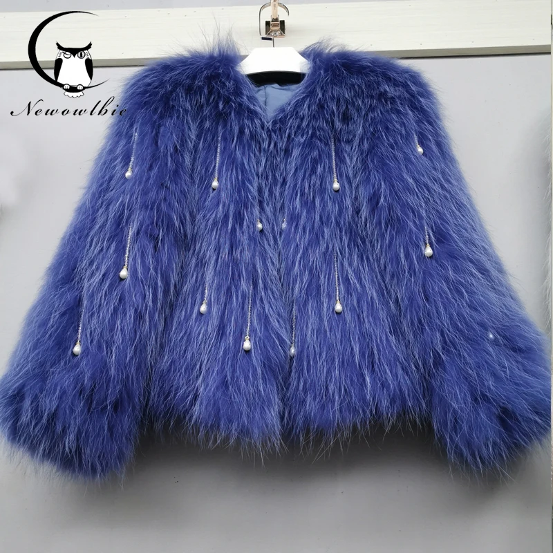 Length 50 cm women knitted real fox fur overcoat  new fashion stlye female coat Raccoon fur Hand woven coat beads detachable