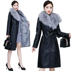 Зимняя женская элегантная тонкая длинная куртка из искусственной кожи, женское теплое пальто с искусственным мехом на воротнике