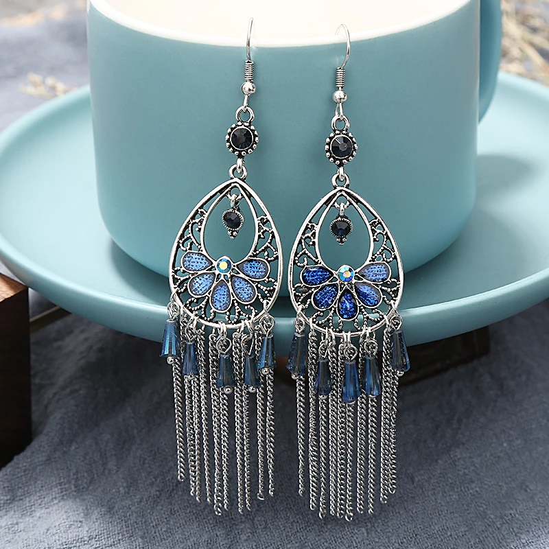 Винтажные индийские этнические серьги длинные серьги-подвески цветок