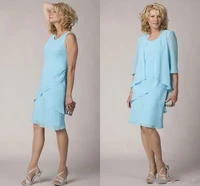 new light sky blue chiffon knee length sheath mother of the bride dresses 34 sleeves scoop neck wedding guest dresses