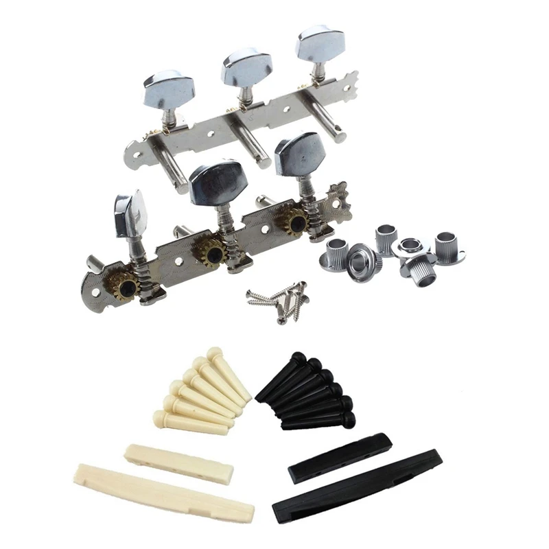 

2Pcs Silver Metal Guitar Head Tuning Keys Peg & 1 Set Black and White ABS Bridge Pins + Saddle + Nut Replacement Parts