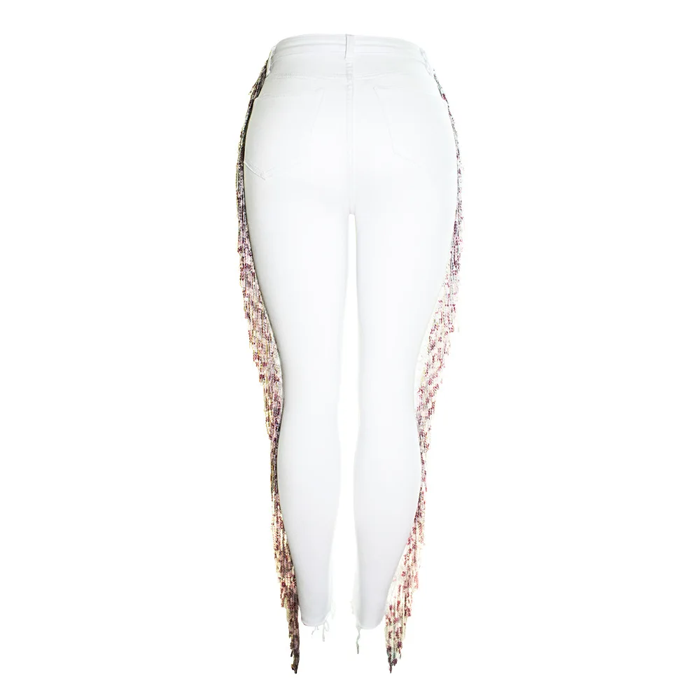 

Summer slim legged pants women's Capris in super sparkle piece Beaded Pants White Jeans