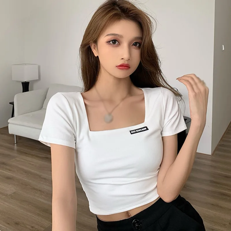 

Jlong Korean Square Collar Casual Slim Exposed Navel Short Sleeve Women T Shirt Top