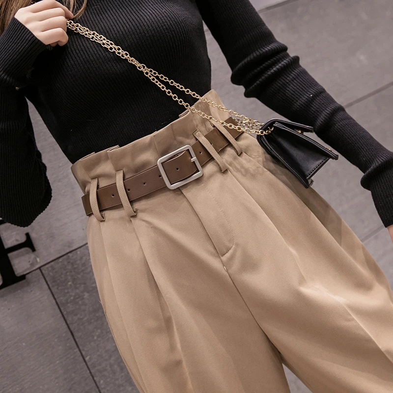 

2020 new Korean style Hong Kong style wild high waist with belt wide leg trousers pantalones mujer cintura alta