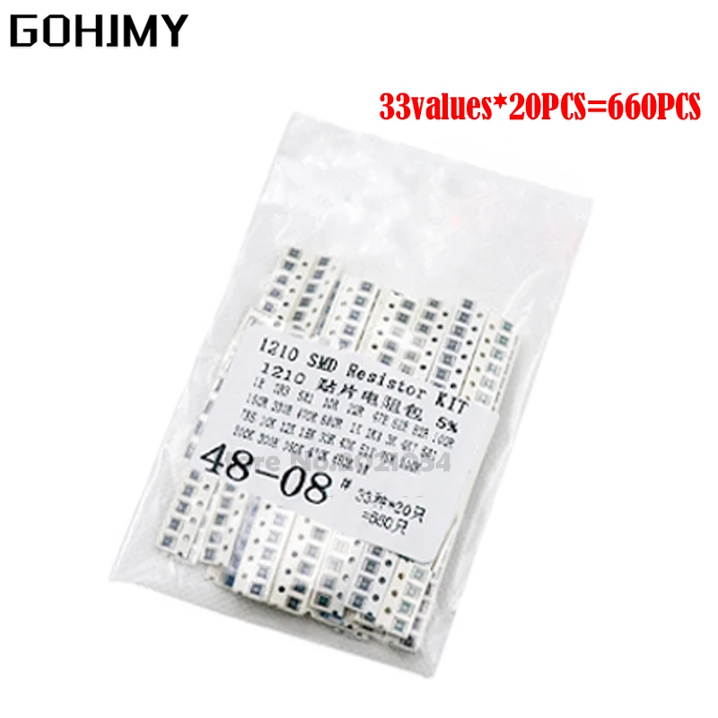 

1210 SMD Resistor Kit Assorted Kit 1ohm-1M ohm hjxrhgal 5% 33valuesX 20PCS=660PCS DIY Kit
