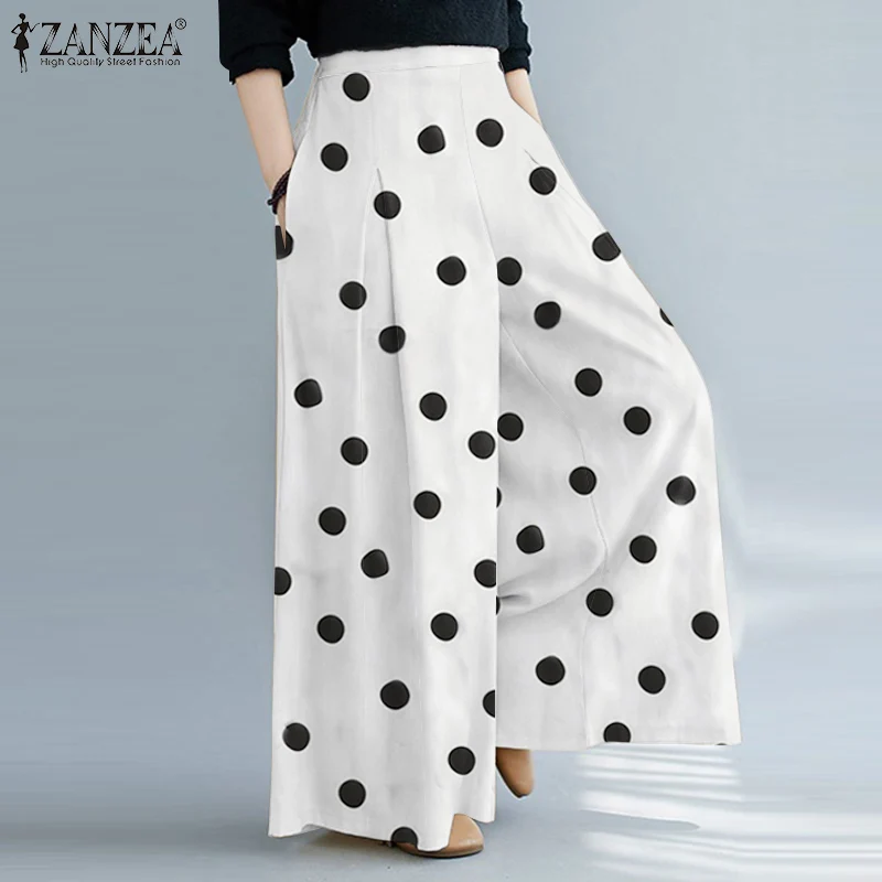 

Women Casual Wide Leg Pants Oversized Polka Dots Trouser ZANZEA Printed Elastic Waist Pantalon Palazzo Autumn Beach Baggy Pant