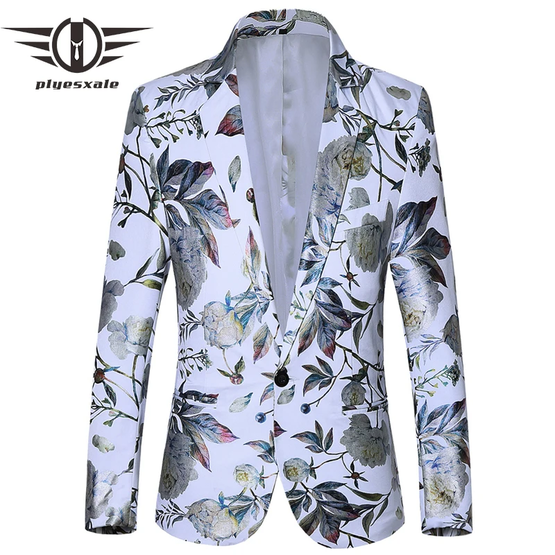 

Мужской блейзер с цветочным принтом, темно-синий, белый, Q859