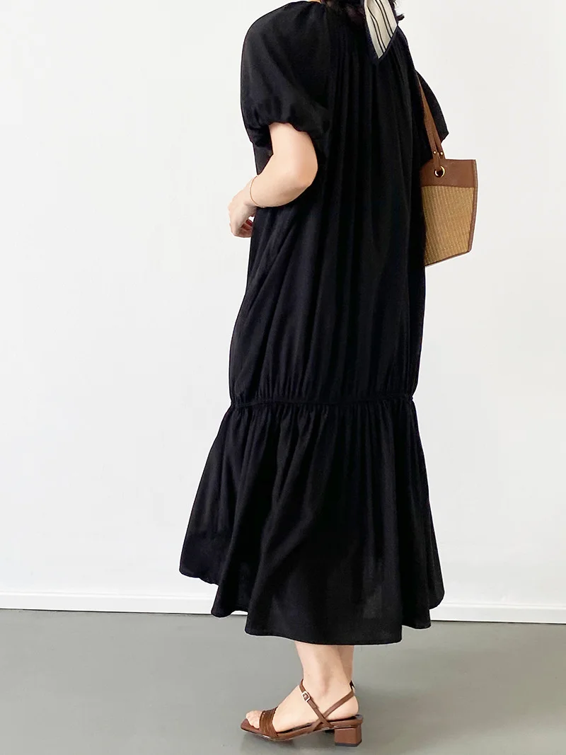 

Short Sleeve Fishtail Dress For Women Khaki Black Long Loose Casual Korean Style Dresses