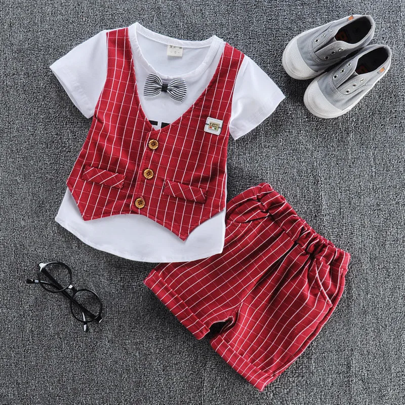 New Summer Children Gentleman Clothes Baby Boys Cotton Tie T Shirt Shorts 2Pcs/Set Kid Infant Clothing Toddler Fashion Tracksuit | Детская
