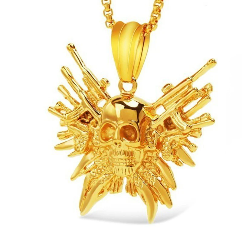 Мужская цепь в стиле хип хоп RIR Funk серебряное/золотое ожерелье с головой скелета и пистолетом из нержавеющей