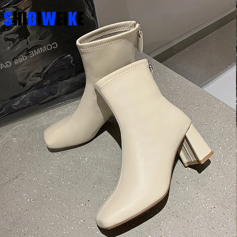 

New Winter Women's Boots Square Toe Solid Pu Leather Fashion Ankle Shoe Ladies Block Heels Outdoor Party Women High Boot