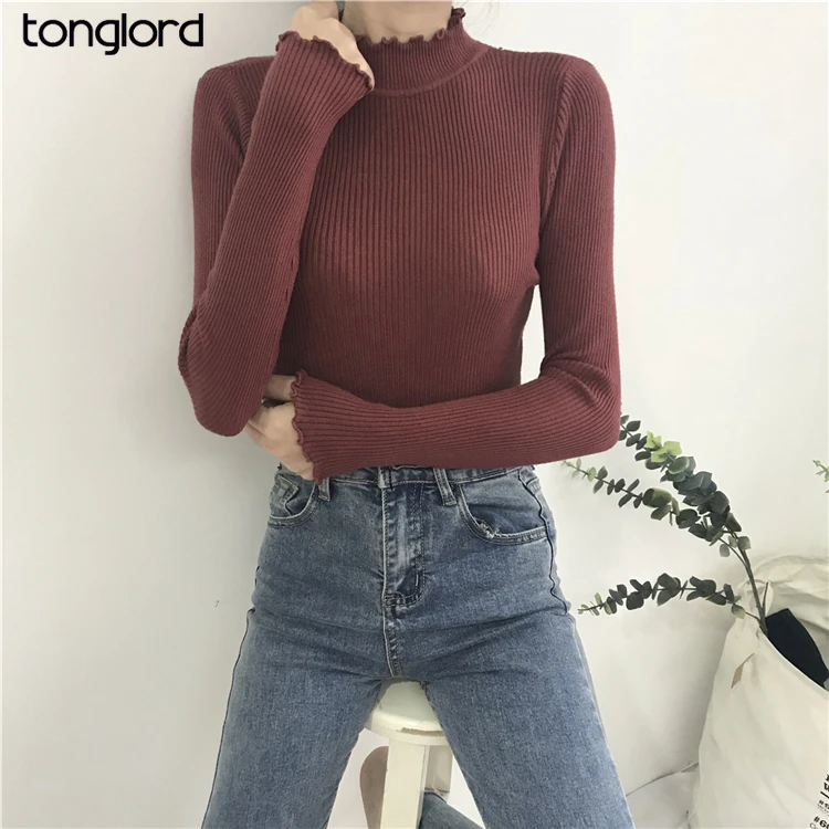 

Tonglord 2020 Autumn Black New High Neck Slim Fit Inner Wear Long Sleeved Pullover Solid Color Bottoming Sweater Blouse Female