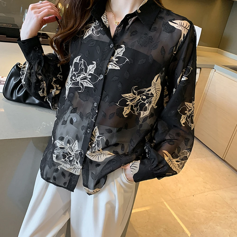 

Women's Sexy Fashion Perspective Clothing Beach Vacation Loose Thin Cool Blouse Lady Floral Printed Chiffon Shirt Summer Tops