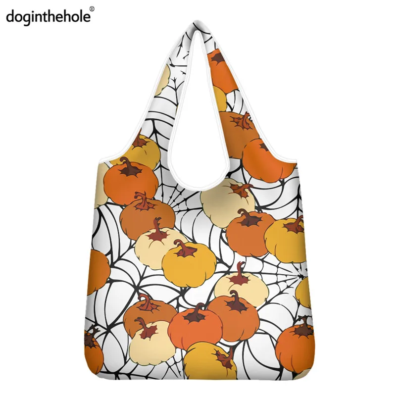 

Doginthehole Halloween Spider Web Pumpkin Shopping Tote Bags ECO Large Foldable Portable Shopper Sac Women Daily Grocery Bag