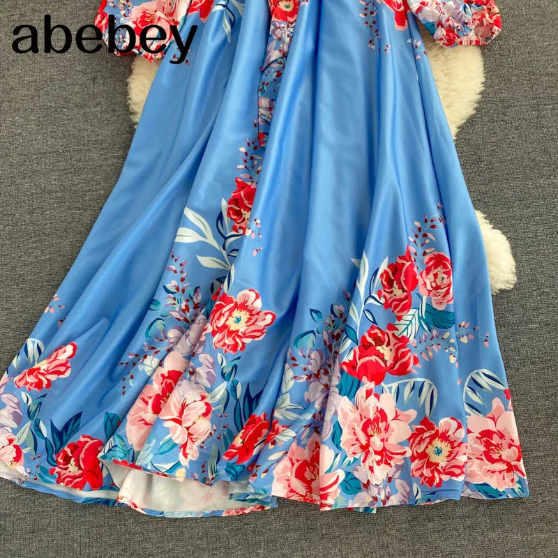 

Women Fashion Floral Maxi Dress Bohemian Lace up O Neck Puff Sleeve A-line Dress Korean Print Summer Beach Long Dress