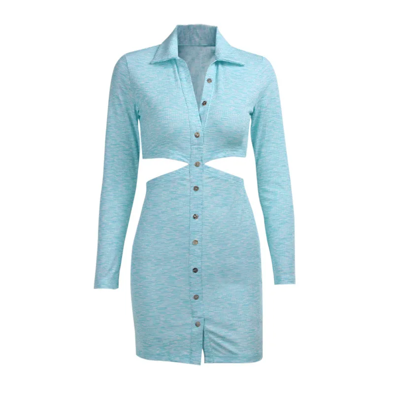 

2021 breasted slim short skirt women new lapel color sexy hollow dress