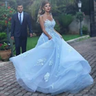 Женское свадебное платье без рукавов, небесно-голубое платье с кружевной аппликацией и глубоким декольте со шлейфом, платье невесты