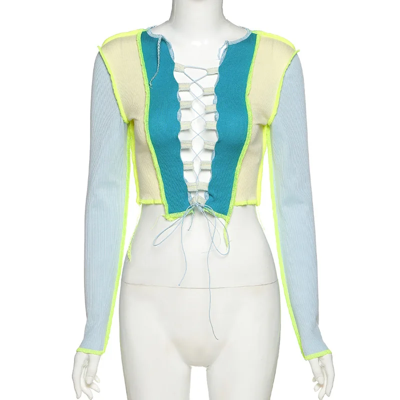 Сексуальная Лоскутная Клубная одежда с длинным рукавом и шнуровкой футболка