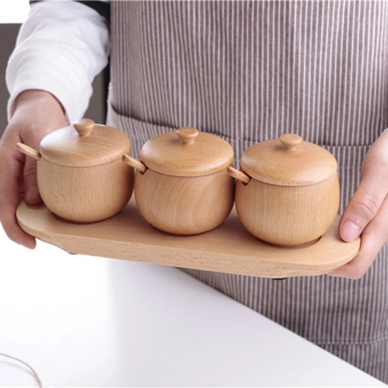 3 шт. деревянная банка для приправ солевые банки горшки специй миски с ложкой и