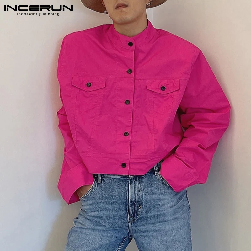

INCERUN Korean Style Fashion Men Jackets Loose Buttons Comeforable Stand-up Collar Fluorescent Color Long-sleeved Jackets S-5XL