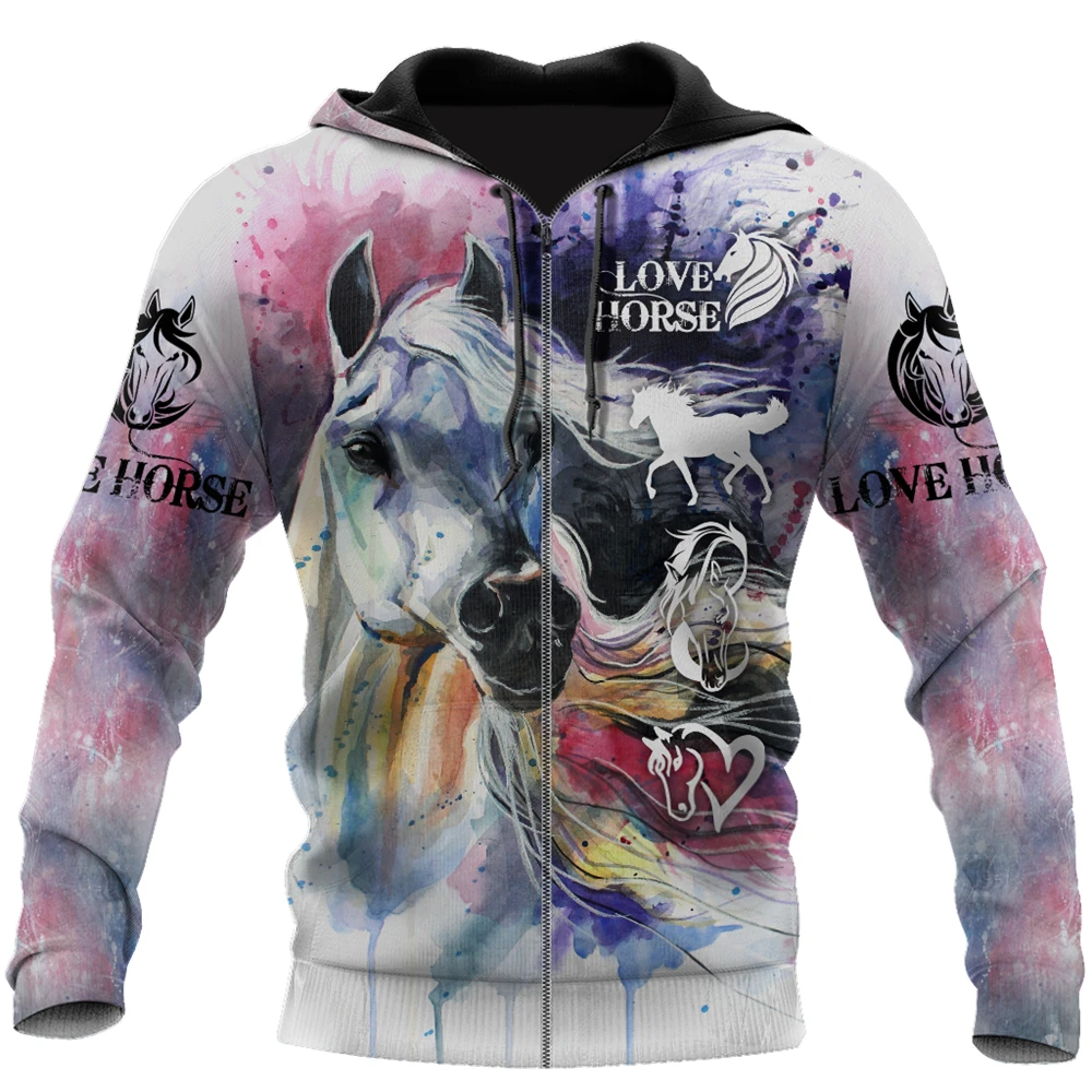 

New Fashion Hip-hop Mens Zipper Hoodie Love Horse 3D Full Printed Hoodie Unisex Casual Harajuku Sweatshirt DLL27