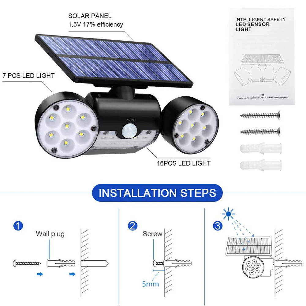 30LED Солнечный свет PIR датчик движения с двойной головкой садовая настенная лампа-бра с питанием от солнечной панели Водонепроницаемый Открытый регулируемый угол прожектора