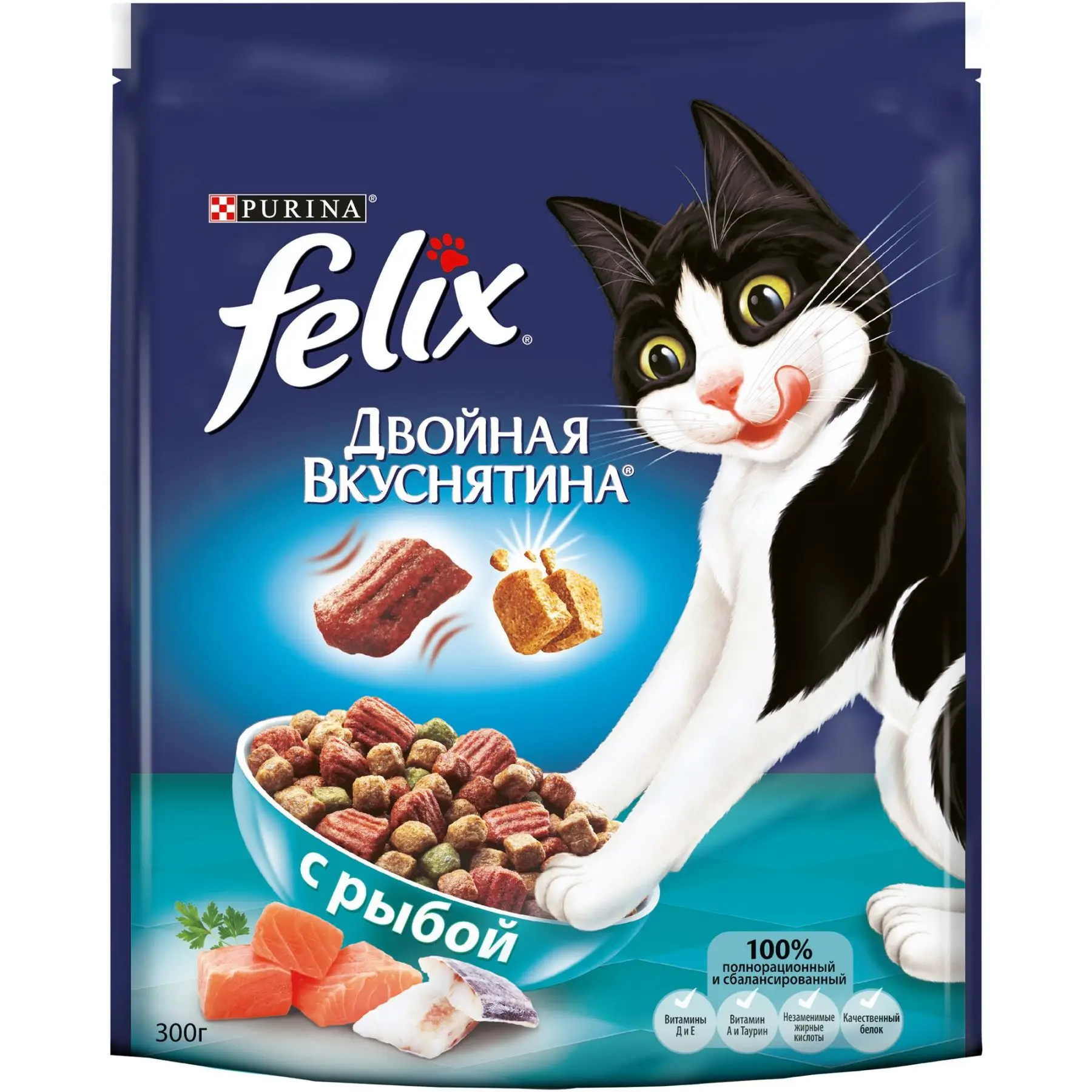 Felix Двойная вкуснятина сухой корм для кошек с рыбой Пакет 300 г | Дом и сад