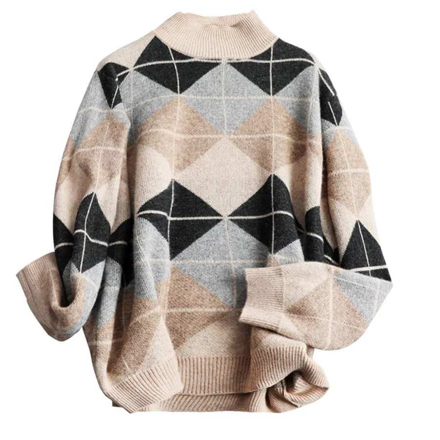 Новинка модный шерстяной свитер с узором ромбиками женский осенне-зимний