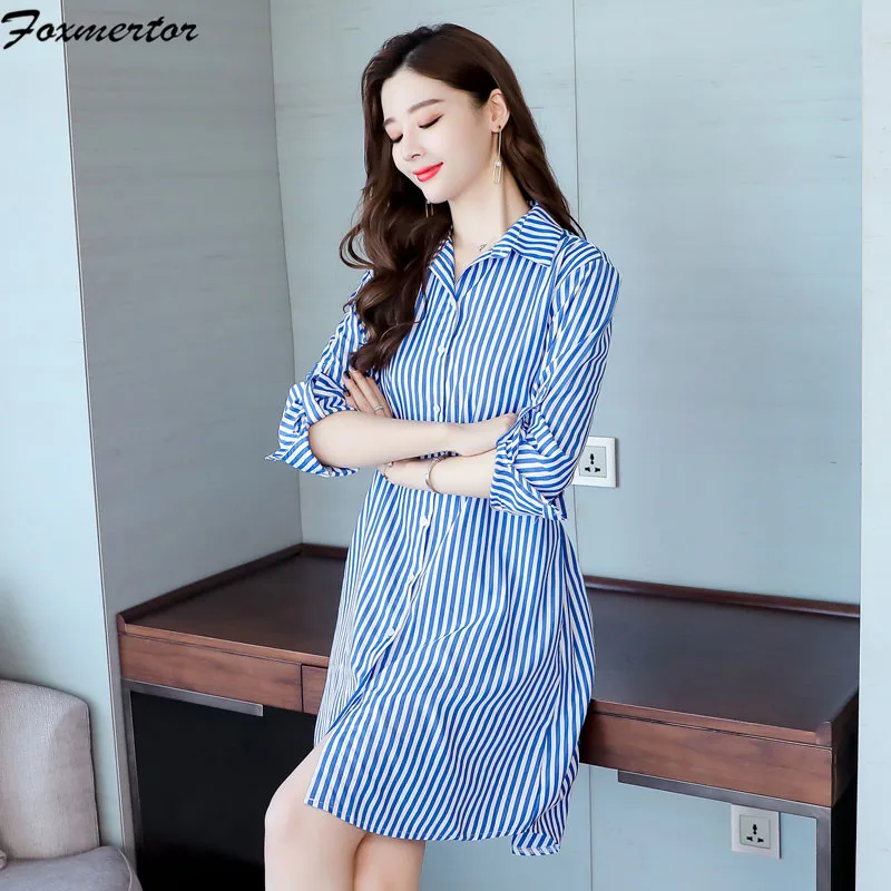2021 женское синее платье в полоску офисное модное Повседневное с длинным рукавом