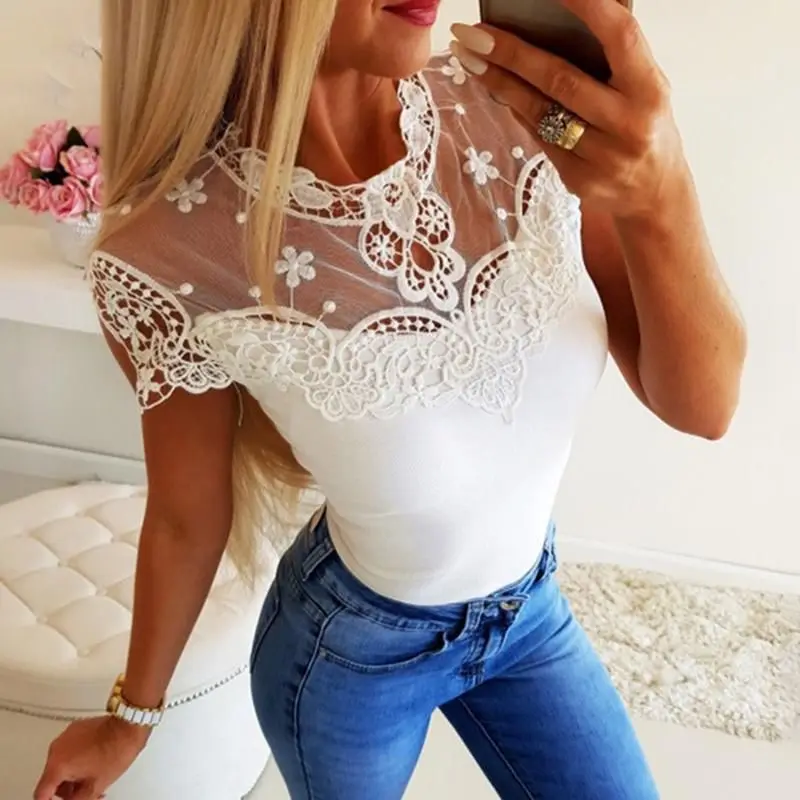 

Summer Women Short Sleeve Lace See-through Shirts Fashion Frilled Hollow Out Blouse Sexy Thin Mesh Solid Comfortable T-shirts