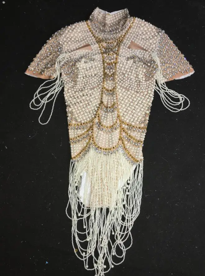 Fashion Rhinestones Pearls Bodysuit Sexy Stretch Dance Leotard Costume Performance Party Celebrate  Stage Show Stones Wear