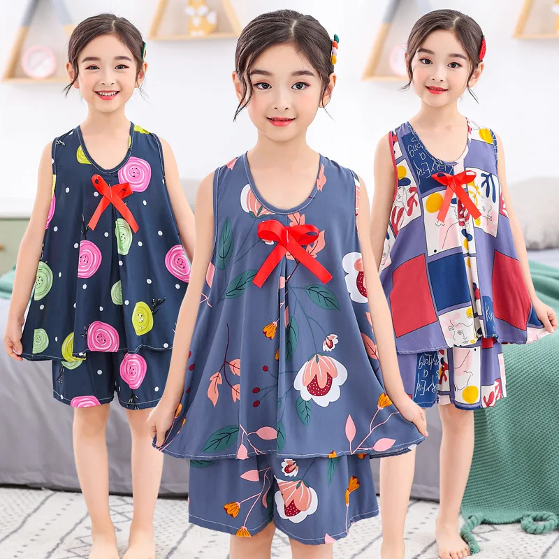 

2021 Summer Girls Pajamas Sets Children Camisole Print Cotton Silk Home Clothes Suit Kids Sleepwear Nightgowns 2 3 4 5 6 8 Years