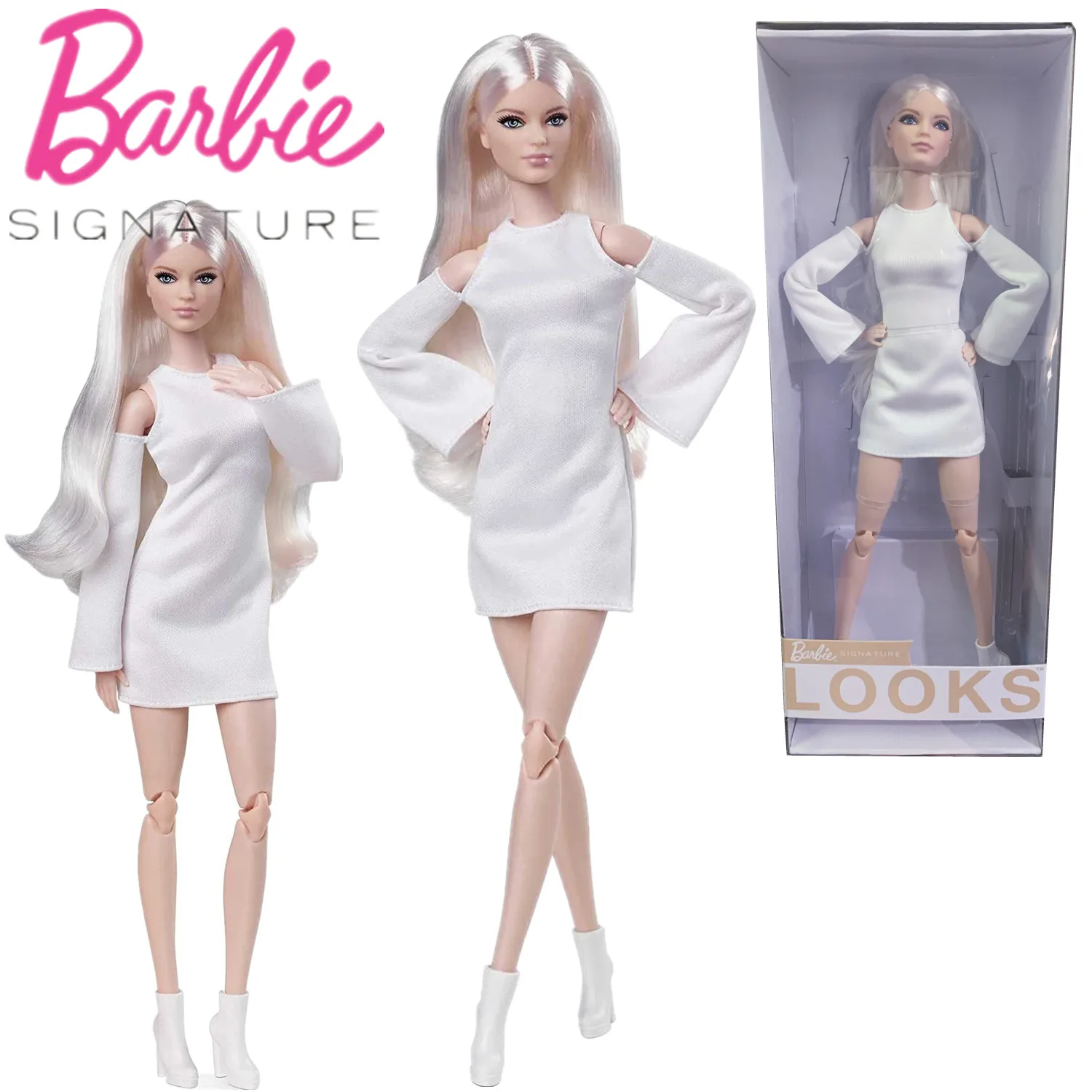 

Barbie Signature Looks Doll Fully Posable Fashion Doll Wearing White Dress Gift for Kids Collectors Collectible Gift GXB28