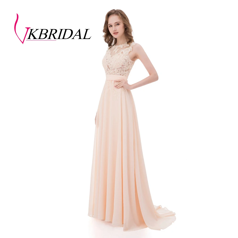 VKBRIDAL длинные платья подружки невесты розовые шифоновые аппликационные кружева