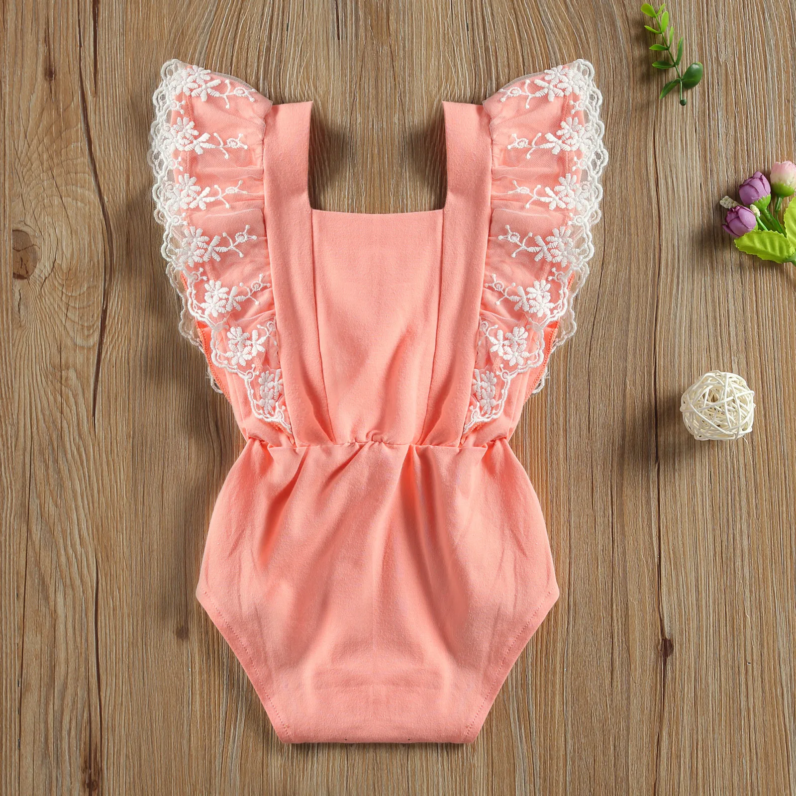 

2021 New Summer 0-24M Baby Girl Lace Ribbon Bow Flared Short Sleeve Bodysuit Toddler Infant Newborn Jumpsuit Clothes Outfit