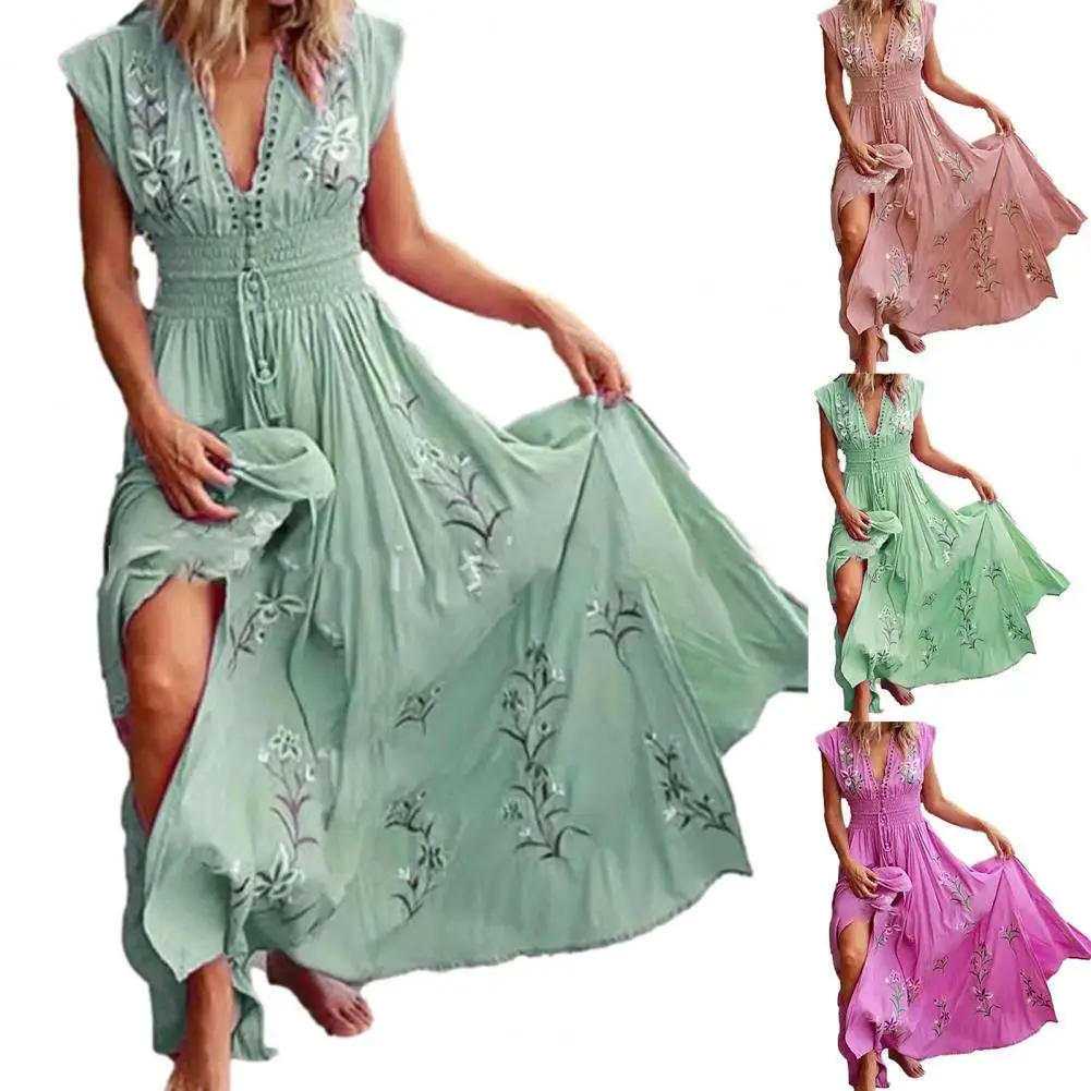 

50% Hot SalesWomen Maxi Dress Sleeveless V Neck Floral Print Large Hem Long Dress for Party