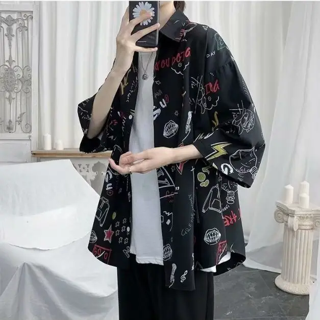 Men Shirts Summer graffiti Print Casual Loose Short-Sleeved Men's Shirt Top  Plus Size Harajuku Style Tops Beach Shirt
