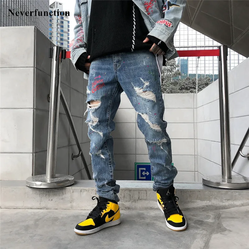 Мужские рваные джинсы с принтом смайлика и граффити уличная одежда в стиле