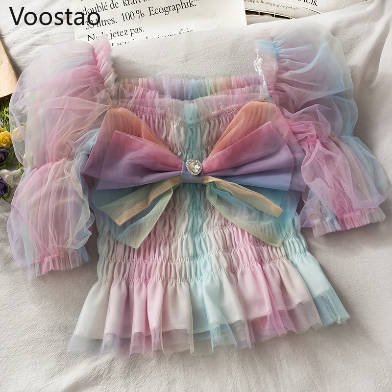 

Rainbow Fairy Mesh Blouses Women Elegant Sweet Bow Puff Sleeve Square Collar Sexy Lace Chiffon Shirts Girl Summer Slim Crop Tops