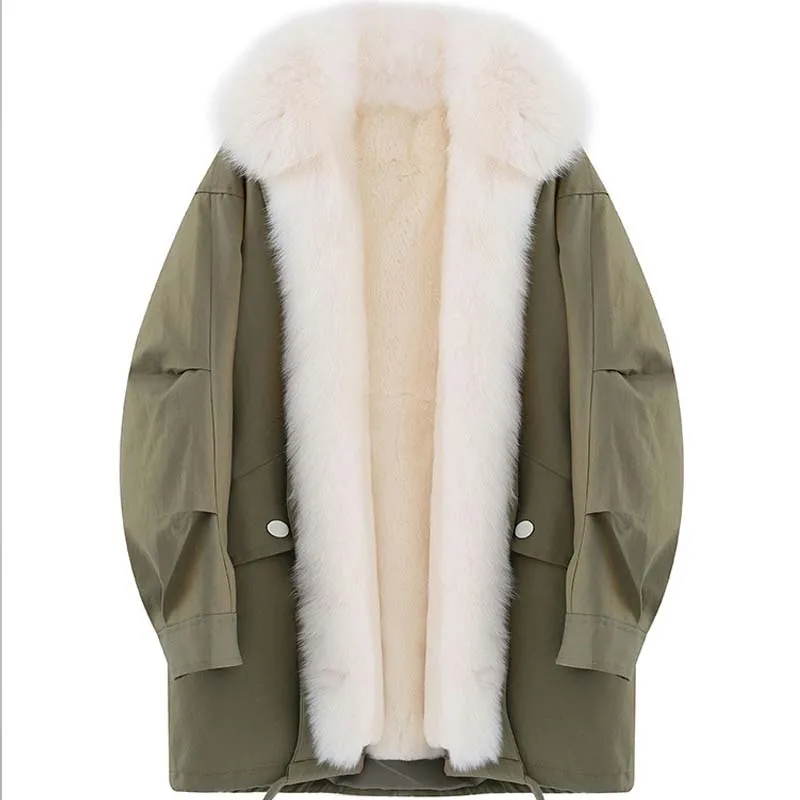 2020 Winter Fashion Women Parkas Rex Rabbit Fur Liner Detachable Fox Fur Collar Windproof Warm Mid-length Office Lady Loose Coat