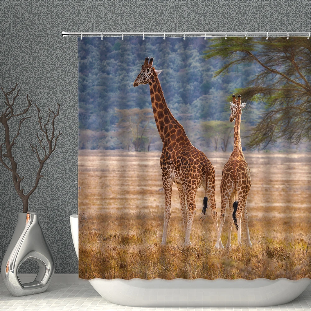 

Animal Shower Curtain Elephant Horse Giraffe Tiger Lion Landscape Pattern Waterproof Polyester Household Decorative With Hooks