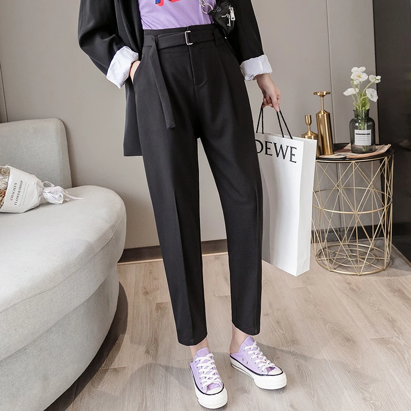 REALEFT новые 2020 OL Стильные повседневные Прямые брюки с поясом Женские рабочие