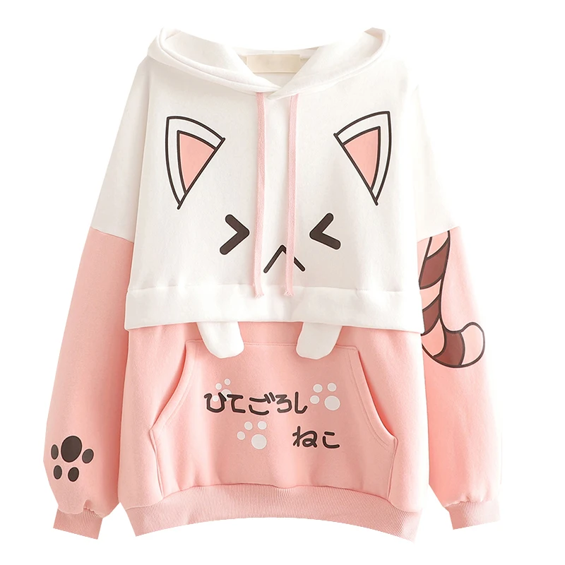 

Harajuku Kawaii Women Cute Hoodie Black Pink Long Sleeve Graphic Cat Ear Funny Anime Teen Girls Pullover Vintage Sweatshirt 2020