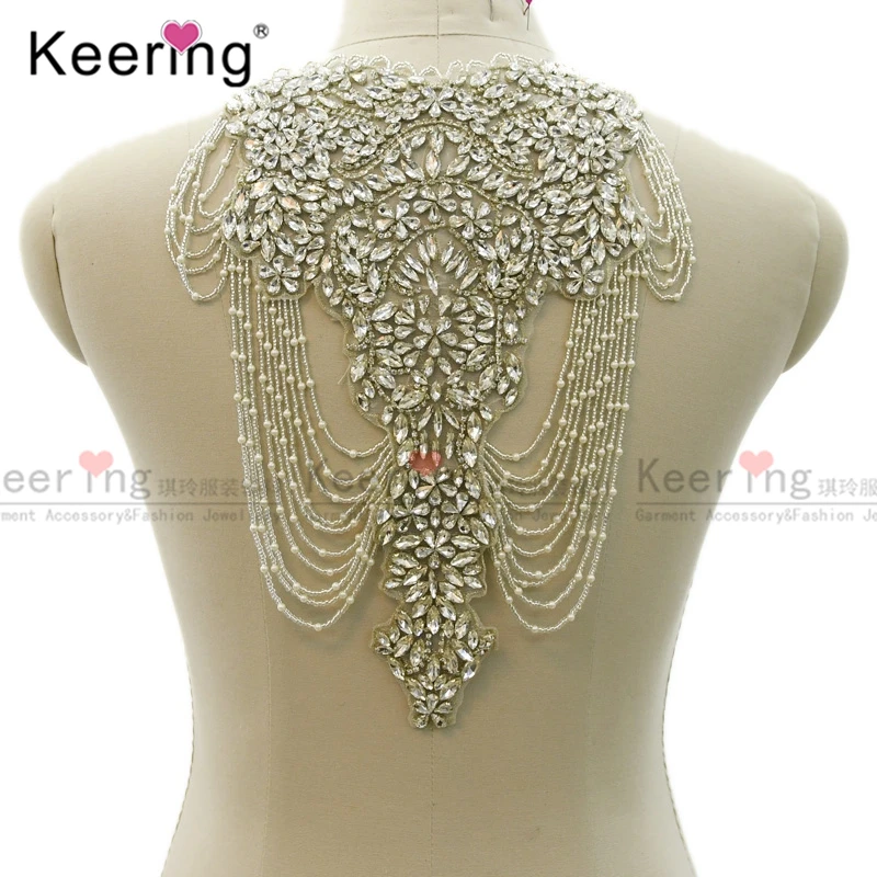 

Fashion Silver Rhinestone Applique Bodice Tassel For Muslim Head Accessories Bridal Dress Accessory WDP-331