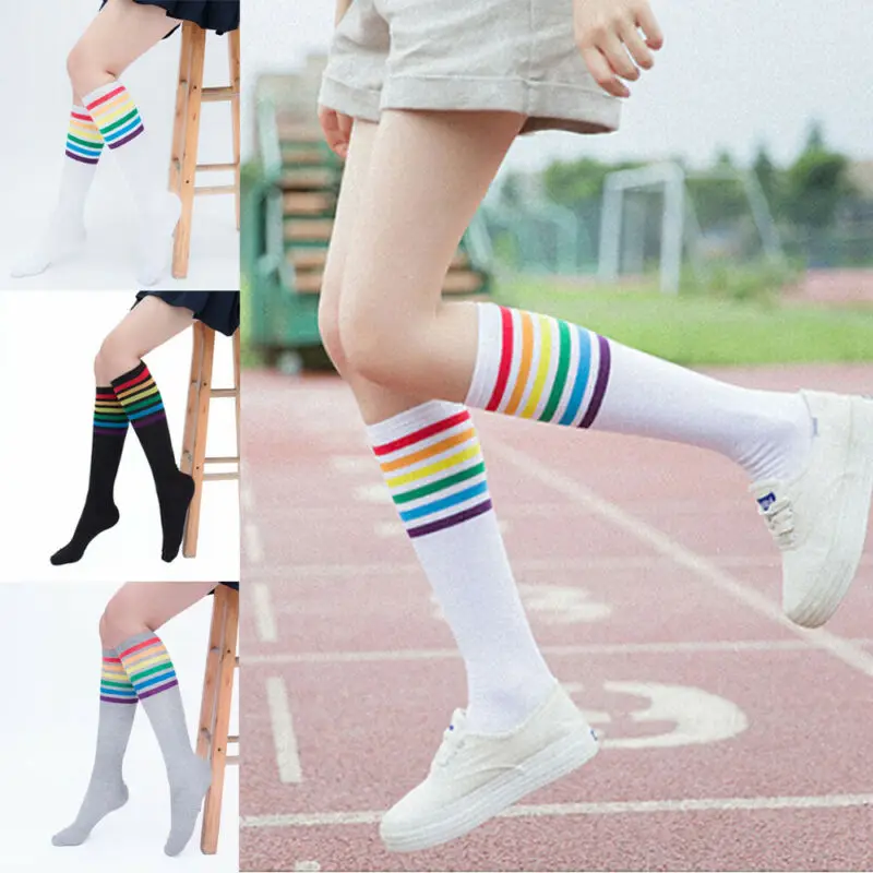 HIRIIGIN 1 пара модные женские чулки до бедра длинные вязаные полосатые радужные |