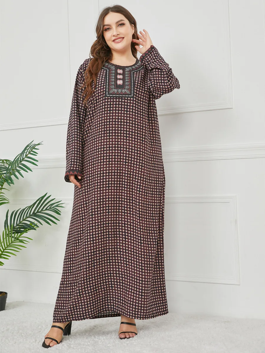 

Muslim Fashion Plus Size Women's Embroidered Long-sleeved Printed Dress Long Skirt Abaya Dubai European Clothing Vestidos 2021