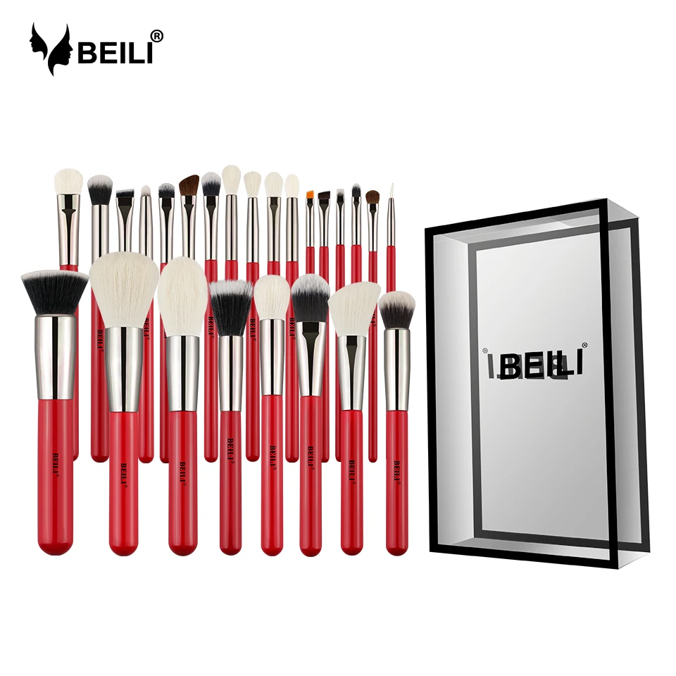 BEILI Red 25 шт. профессиональные натуральные кисти для макияжа волос набор пудры основа Румяна Тени для век бровей губ подводка для глаз, контур