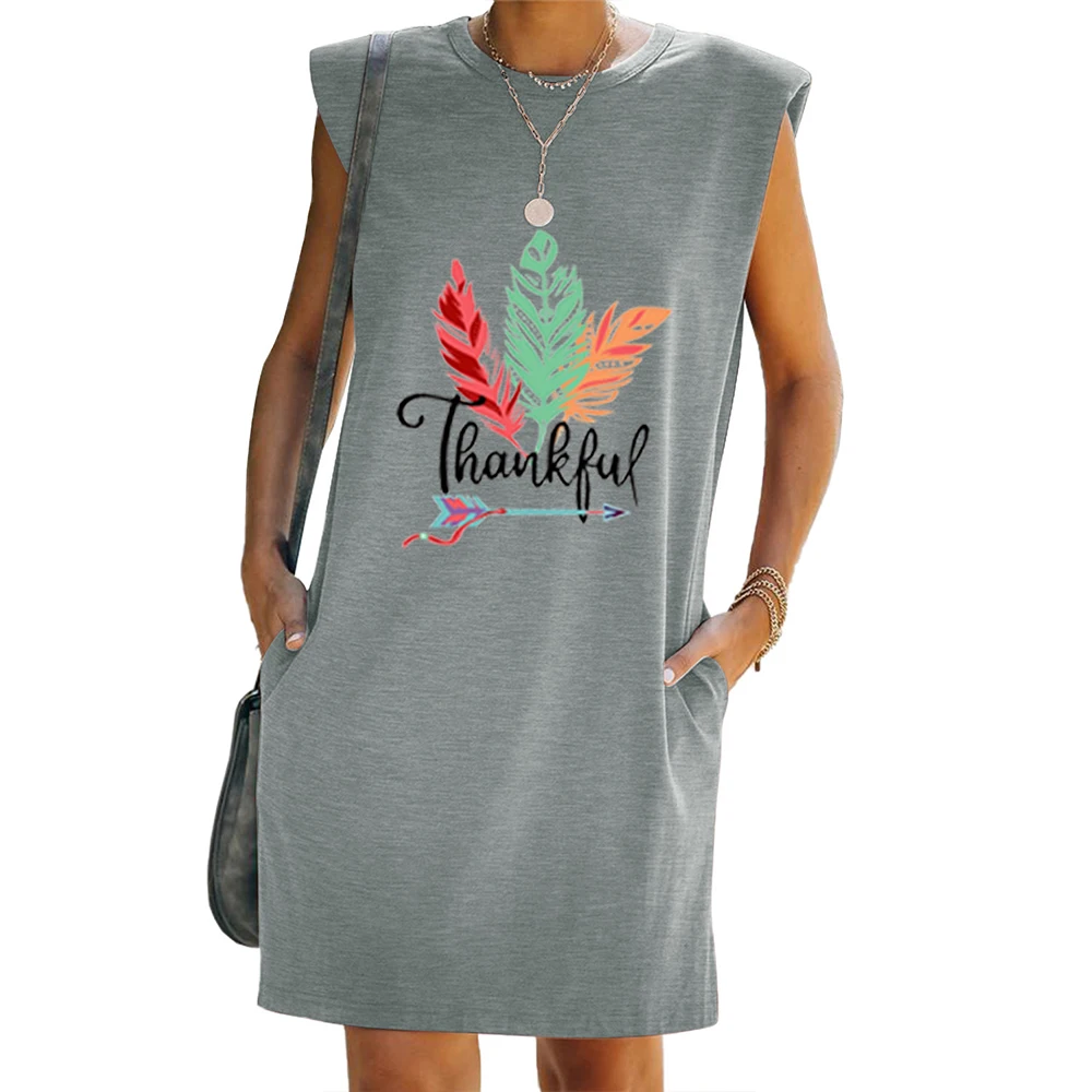 

Samdolly Loose A-line Womens Leaves Printed Sleeveless Crew Neck Tank Shift Top T-shirt Casual Dress Vestidos De Mujer