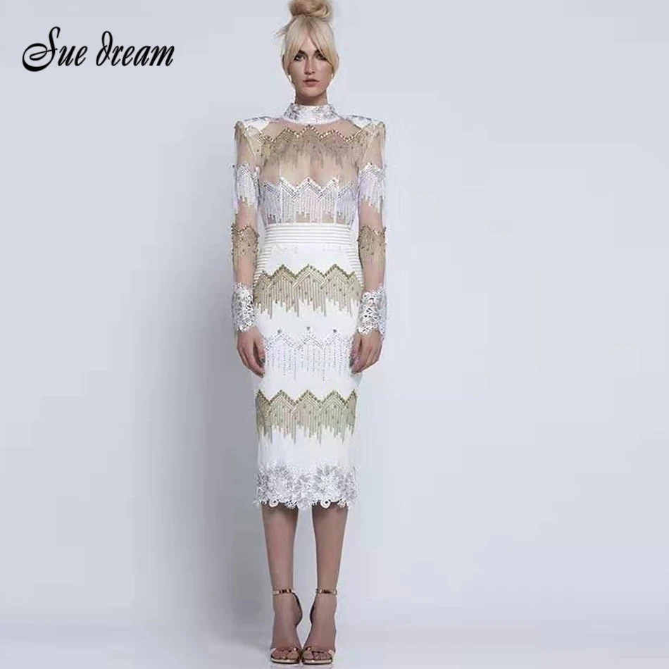 2019 осеннее Новое Женское модное сексуальное Белое лоскутное платье с бусинами и